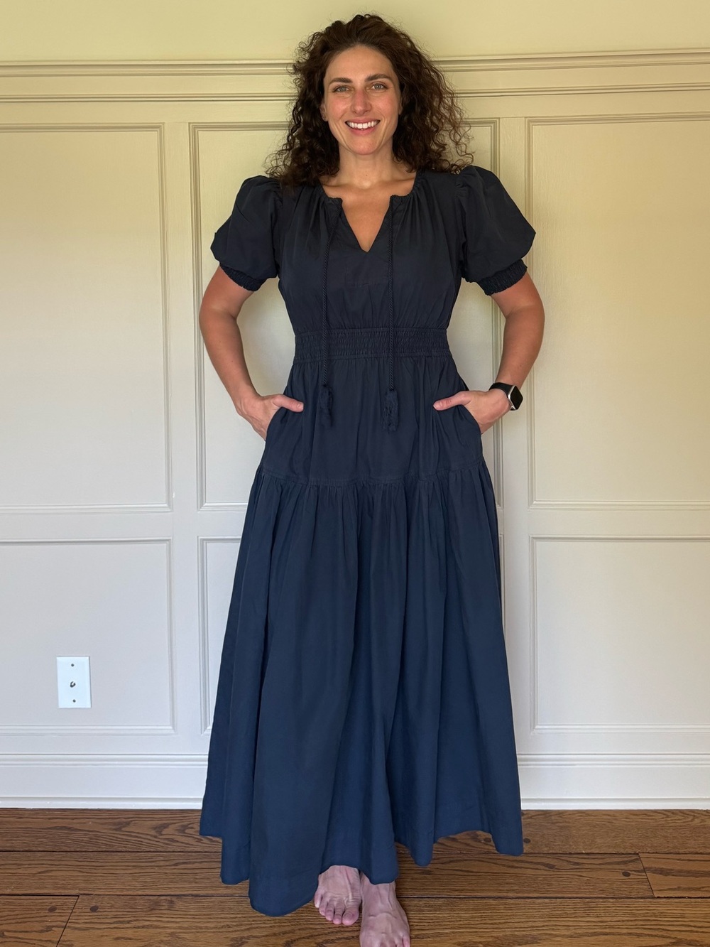 Moon River Puff-Sleeve Dress Navy